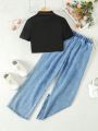 Tween Girls' Cool Short Sleeve T-Shirt And Distressed Denim Shorts Set For Daily Wear