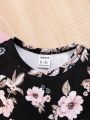 SHEIN 2pcs/set Baby Girls' Casual Ruffle Trim Top & Flower Pattern Sleeveless Dress, Summer