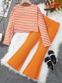 Girls' Striped Long Sleeve T-shirt And Solid Color Flared Pants Set