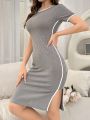 Women's Contrast Striped Ribbed Loungewear Dress