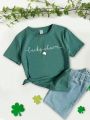 Green Round Neck Short Sleeve T-Shirt With Text Print For Girls