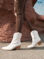 Styleloop FashionVintage Stitch Detail White Chunky Heel BootsWestern Boots