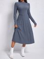 Solid Color Long Sleeve Ribbed Knit Dress