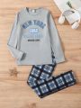 New Style Letter Print And Plaid Simple And Versatile Pajama Set For Older Boys