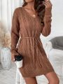 SHEIN LUNE Women's Knitted Sweater Dress With Braided Belt