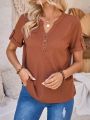 EMERY ROSE Notched Neckline Button Decorated T-shirt