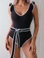 SHEIN Swim Chicsea One-Piece Swimsuit With Contrast Trim, Ruffles And Decorative Border