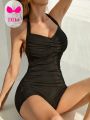 SHEIN DD+ Solid Color Pleated Backless Halter One-piece Swimsuit