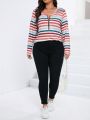 SHEIN LUNE Plus Striped Print Half Zip Tee