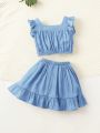 SHEIN Baby Girls' Casual Denim Look Square Collar Top And Elastic Waist Half Skirt Set