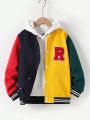 SHEIN Kids EVRYDAY Tween Boy Letter Patched Striped Trim Colorblock Varsity Jacket Without Hoodie