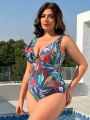 SHEIN Swim Vcay Plus Size Deep V-Neck Ruffle Trimmed Tropical Printed Monokini Swimsuit