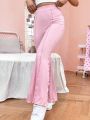 SHEIN Qutie Pink Knitted Flared Pants For Women