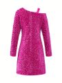 Girls' Irregular Shoulder Sparkly Dress