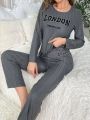 Women's Dark Grey Letter Print Ribbed Loungewear Set