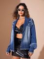 SHEIN BAE Turndown Collar Denim Jacket With Frayed & Decorative Edges After Wash