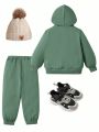 SHEIN Kids EVRYDAY Young Boy 1pc Slogan Patched Detail Zipper Up Hooded Sweatshirt & 1pc Sweatpants