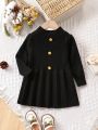 Baby Girl Mock Neck Pleated Hem Button Detail Sweater Dress