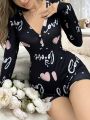 Women's Letter & Heart Print Long Sleeve Sleep Romper