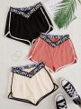 3pcs Women's Lounge Shorts With Letter Tape And Contrast Trims