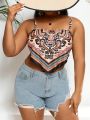 SHEIN Swim BohoFeel Plus Size Women's Printed Handkerchief Hem Tankini Top