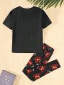 SHEIN Teen Boys' Tight-fit Casual Round Neck Patterned T-shirt And Long Pants Home Wear Set