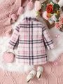 Baby Girls' New Casual Elegant Vintage Style Loose Comfortable Long Sleeve Pink Plaid Printed Lamb Wool Added Mid-length Coat For Autumn And Winter