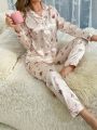 Floral Print Contrast Piping Satin PJ Set