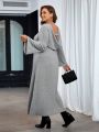 SHEIN Privé Plus Size Women's Elegant Flared Sleeve Ribbed Bodycon Dress