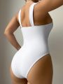 SHEIN Swim Chicsea Solid Color One-piece Swimsuit With Wide Shoulder Straps & Metallic Ring Detail