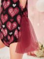 Baby Girls' Heart Print Mesh Patchwork Bodysuit Dress With Headband