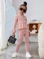 SHEIN Kids Cooltwn Young Girl Ruffle Trim Flounce Sleeve Peplum Sweater & Knit Leggings