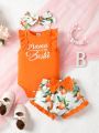 3pcs/Set Baby Girls' Summer Cute Casual Sleeveless Round Collar Frilled Hem Letter Print Bodysuit With Orange Pattern Shorts And Headband Outfits