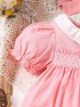 Baby Ruffle Eyelet Embroidery Puff Sleeve Dress With Headband