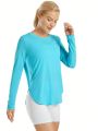 Women's Split Hem Sun Protection Long Sleeve T-shirt With Collar/light Blue