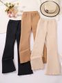 3pcs/set Solid Color Skinny Striped Long Pants For Teen Girls