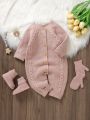 Baby Girl Raglan Sleeve Button Front Cable Knit Jumpsuit & Shoes & Gloves