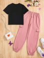 SHEIN Kids QTFun Tween Girls' Butterfly & Flower Pattern T-Shirt And Jogger Pants Casual 2pcs/Set