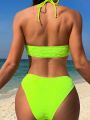 SHEIN Swim Basics Fluorescent Green Two-Piece Swimsuit Set