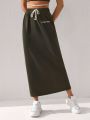 ROPES Women'S Drawstring Waist Letter Embroidered Midi Skirt