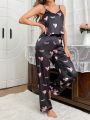 Heart & Eyelash Print Silk-Like Cami Top And Long Pants Pajama Set