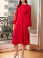 SHEIN Clasi Women's Fashionable Red Long Sleeve Dress With Bow Decoration