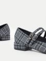 SHEIN MOD Women's Low Heel Mary Jane Plaid Cloth Flat Shoes For Ladies