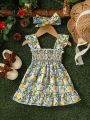 Baby Girl Lemon Printed Ruffled Shoulder Strap Dress