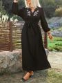 Plus Size Floral Embroidered Lantern Sleeve Dress With Notched-Neckline