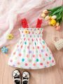 Baby Girl'S Casual Striped Polka Dot Dress With Design Sense And Floral Accessory