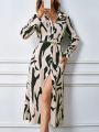 SHEIN LUNE Printed Buttoned Long Sleeve Shirt Style Dress (belt Not Included)