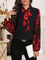 SHEIN LUNE Floral Print Patchwork Collar Tie Front Long Sleeve Shirt