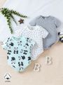 SHEIN 3pcs/Set Baby Boy's Casual Wear Simple Cute Panda, Moon, Star, Stripe Print Romper For Spring And Summer