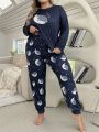 Women'S Plus Size Pajama Set With Moon & Star Printed Long Sleeve Top And Pants